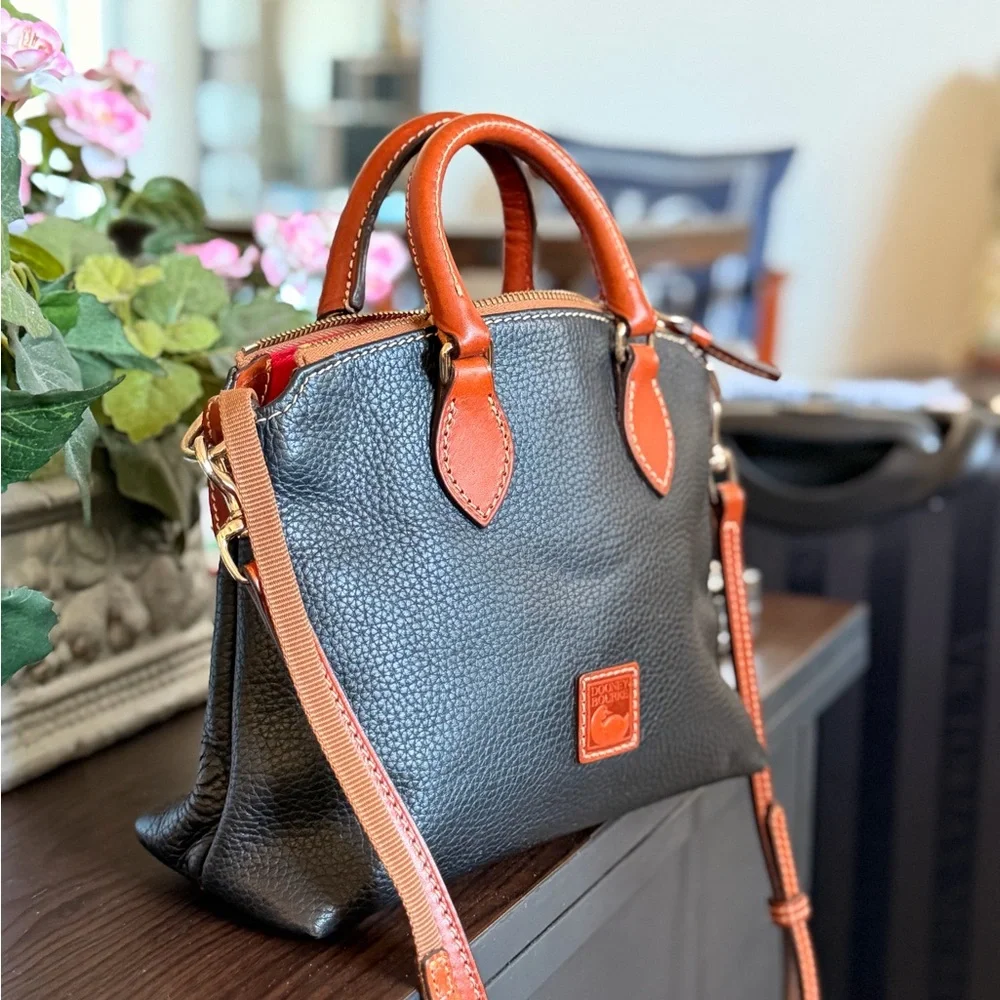 Dooney & Bourke Black Pebble Leather Satchel with Brown Trim